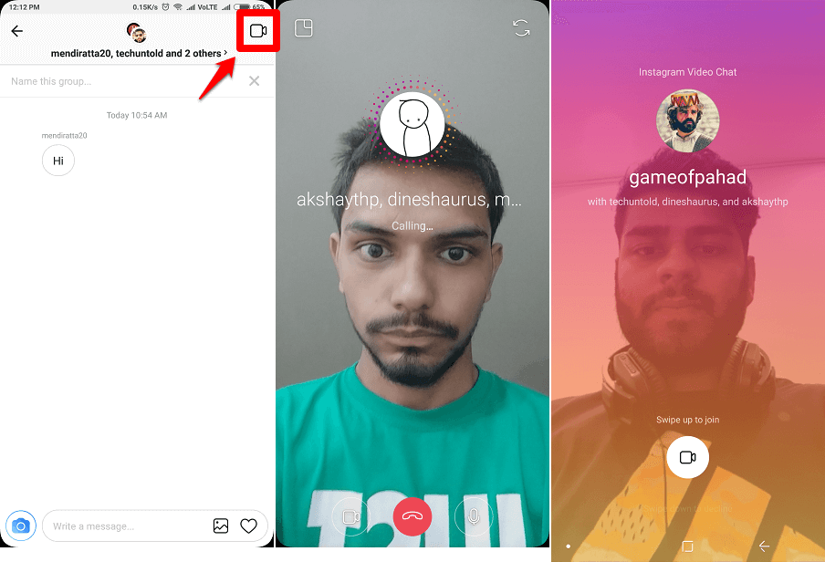 Csoportos videohívás az Instagramon