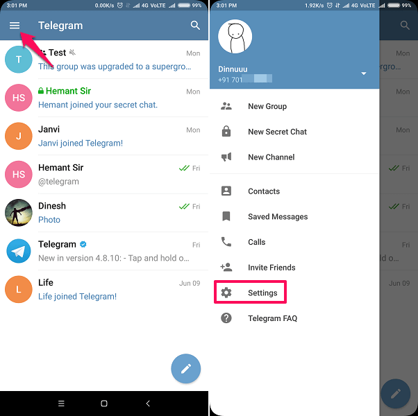 cambia il numero di telefono di Telegram senza disinstallare l