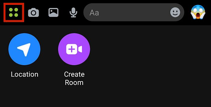 Messenger-Menü „Weitere Optionen“ mit den Schaltflächen „Standort“ und „Raum erstellen“.