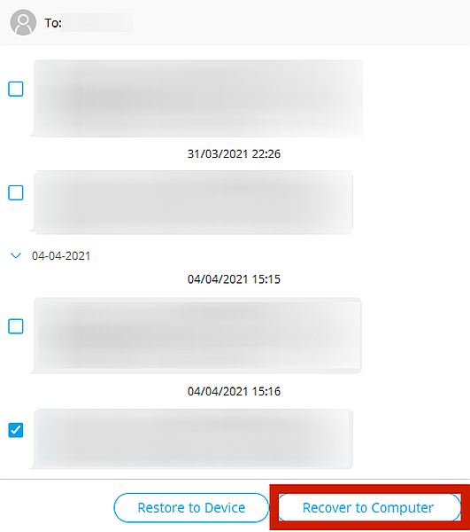 Dr. Fone Recovered Messages with Recover to Computer Button Hihghlighted