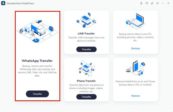 Whatsapp transfer seçeneğinin vurgulandığı Mobiletrans ana panosu