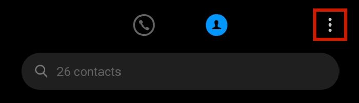 Το επάνω μέρος της εφαρμογής επαφών android με τονισμένο το εικονίδιο κεμπάπ