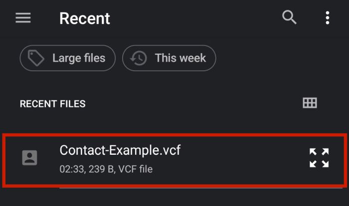الملفات الأخيرة في android مع تمييز ملف vcf. الذي تم تصديره مؤخرًا