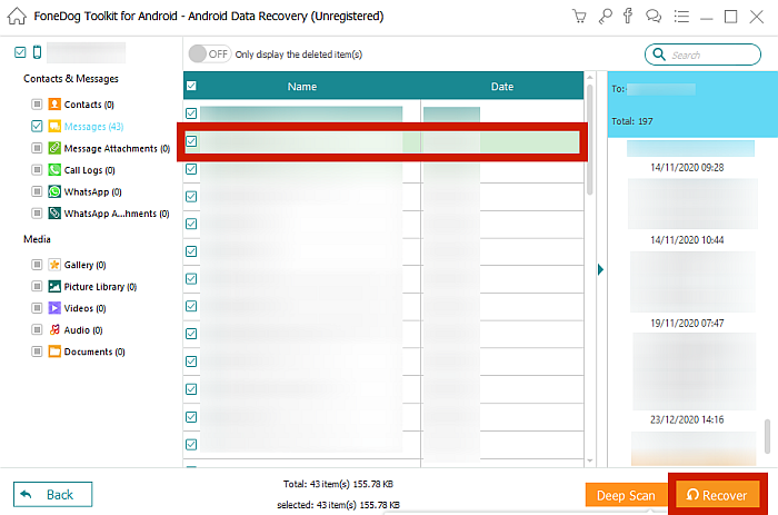 FoneDog Toolkit Showing Scanned Messages From Android Device
