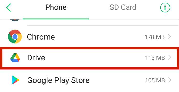 Androidフォンのストレージ設定Googleドライブオプションが強調表示されています