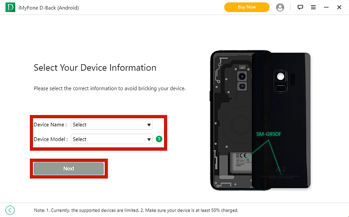 iMyFone D-Back 앱 대시보드 장치 정보 선택 페이지