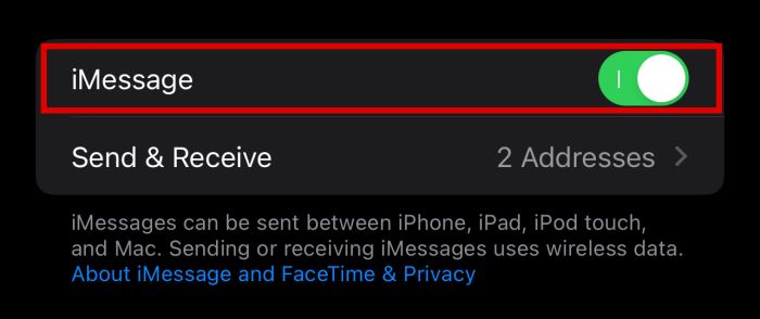 خيار iMessage في إعدادات رسائل iPhone