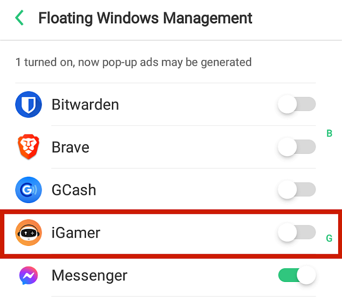 Android Floating Windows Management Settings z podświetlonym iGamer