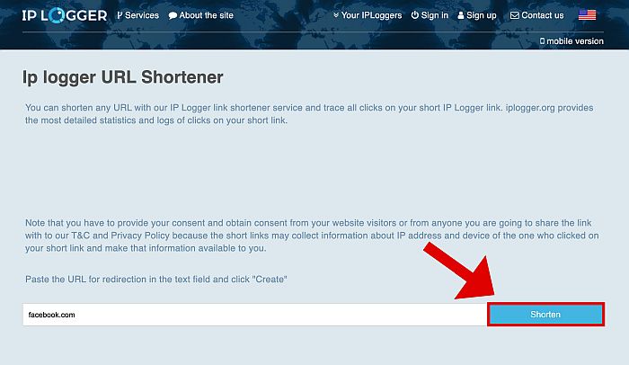 IP-Logger-URL-Shortener-Seite mit hervorgehobener Shorten-Schaltfläche