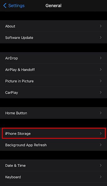 Suchen Sie „iPhone Storage“ und tippen Sie darauf.