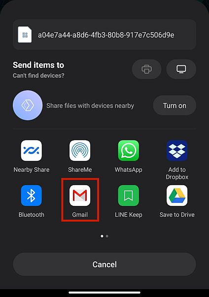 Érintse meg a „Gmail” elemet a fájl elküldéséhez egy e-mail címre.