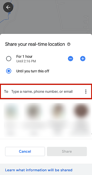 Google haritalar alıcı alanında gerçek zamanlı konum paylaşımı seçenekleri vurgulandı