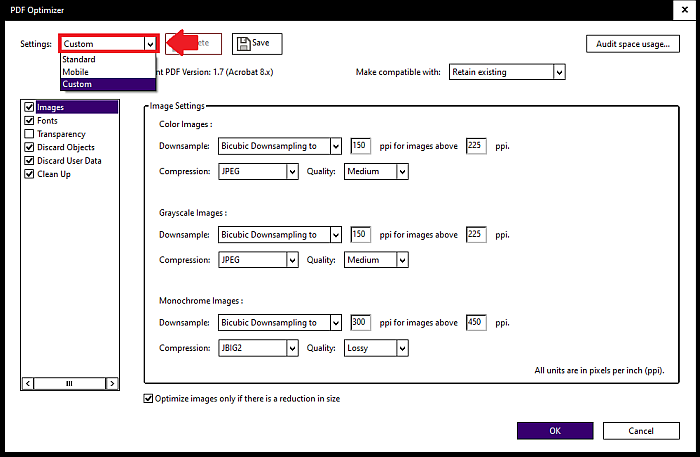 Niestandardowe ustawienia programu Acrobat