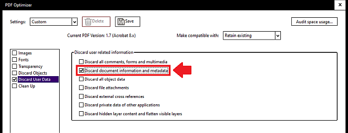 Acrobat elimina le informazioni sui documenti e i metadati