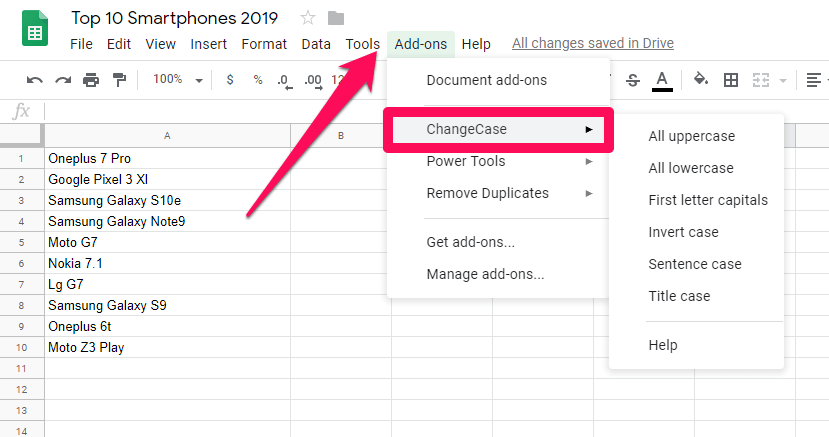 converter para maiúsculas no Google Sheets - menu changecase