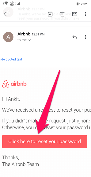 Airbnb Email reset link