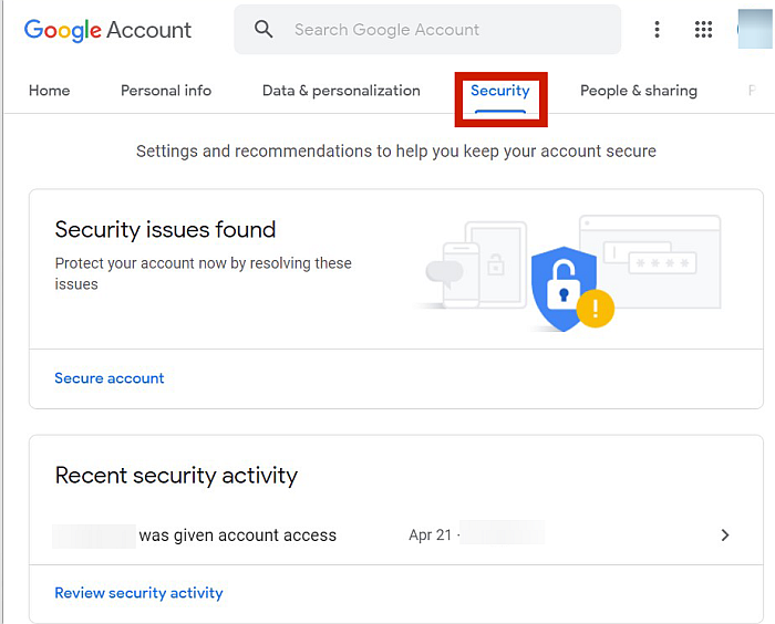 Googleアカウントのセキュリティタブ