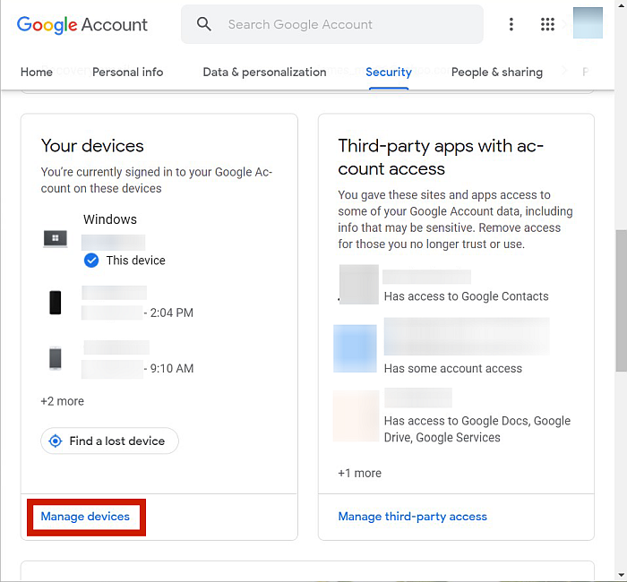 Fliken Google-kontosäkerhet med alternativet Hantera enheter markerat