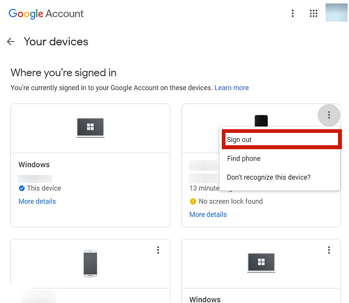 Din enhetssida i Google-kontot i webbläsaren
