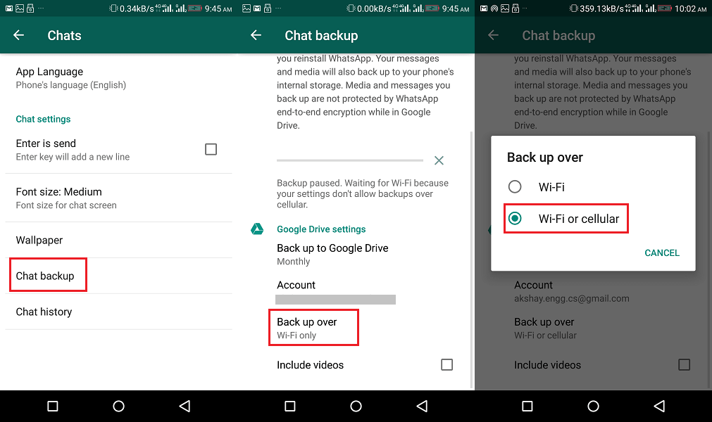Sauvegarder WhatsApp avec des données cellulaires sur Android