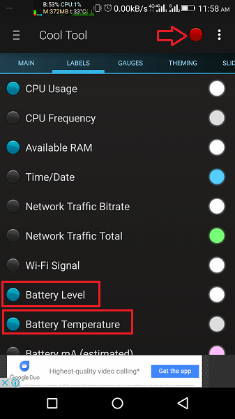 Display Battery Temperature and Percentage in Status Bar on Android