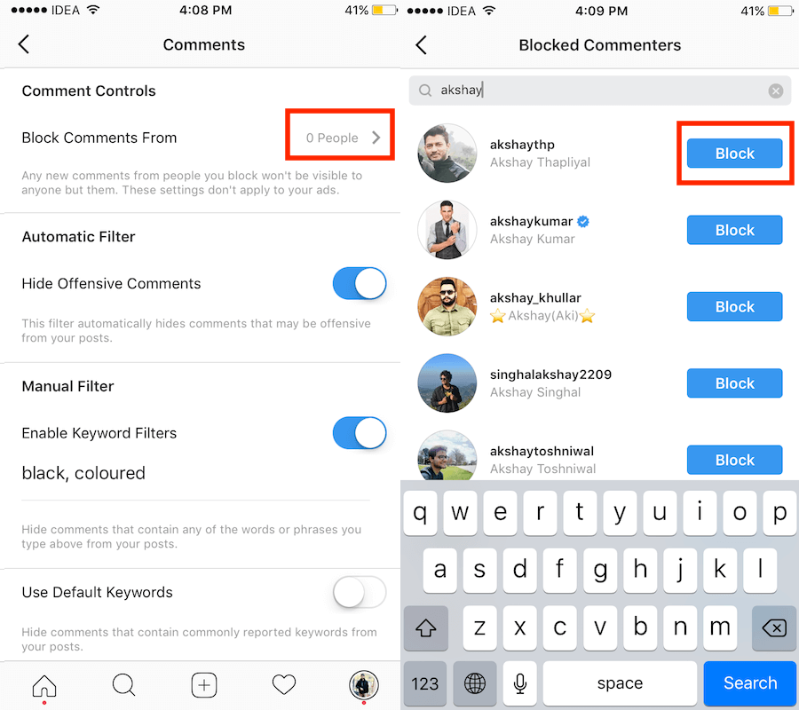 Instagram에서 특정 사람들의 댓글 차단