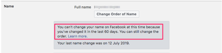 لا يمكن تغيير الاسم على Facebook قبل 60 يومًا