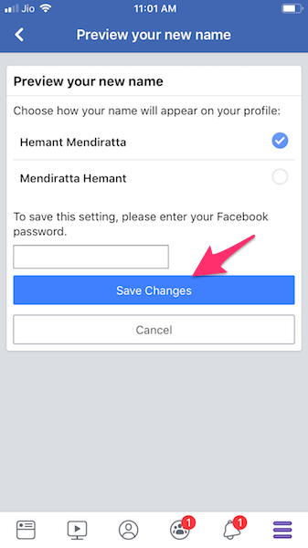Bestätigen Sie die Änderung des Facebook-Namens