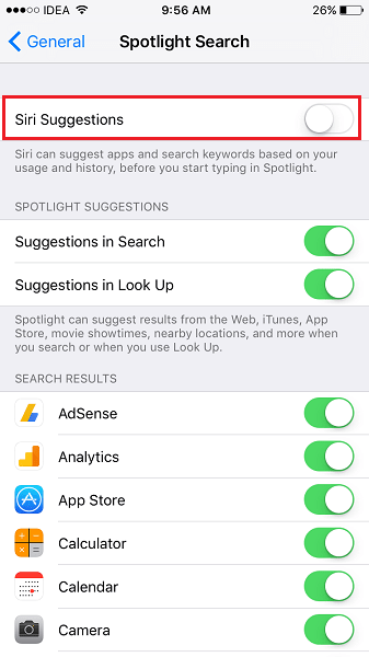 A Spotlight keresési előzményeinek letiltása iPhone/iPad készüléken