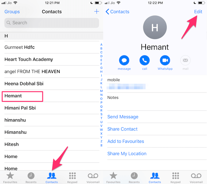 Modifica scheda contatto su iPhone