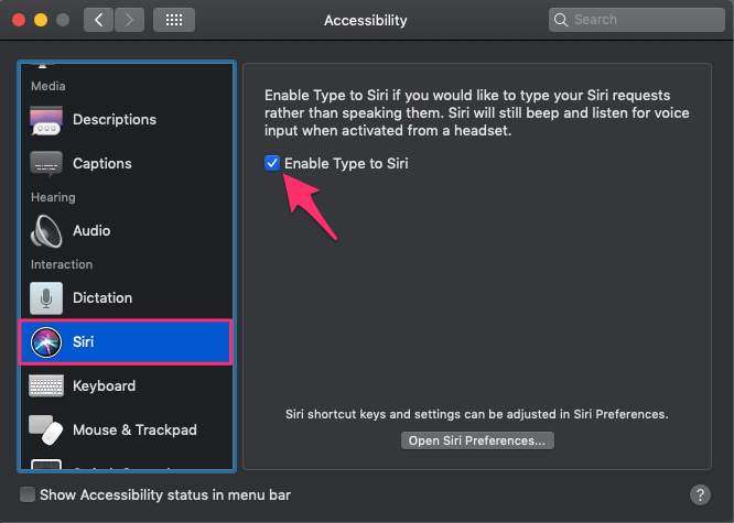 Ative o tipo para Siri no Mac