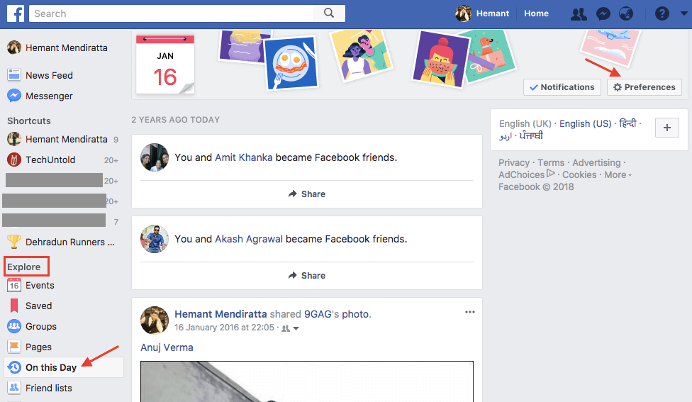 Preferências do Facebook neste dia