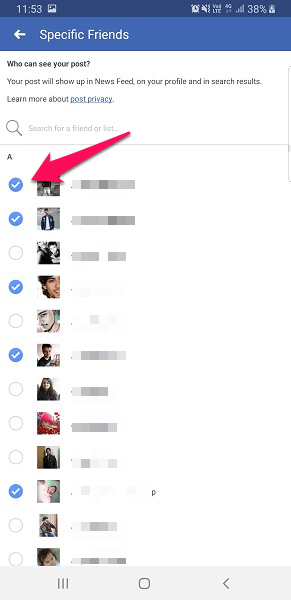 تطبيق Facebook - مشاركة المنشور مع أصدقاء محددين