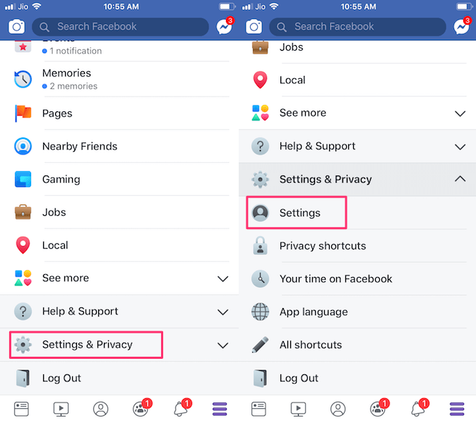 Facebook-Einstellungen in der App