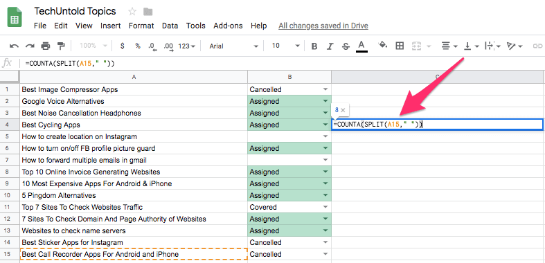 Formule voor woordentelling in Google Spreadsheets