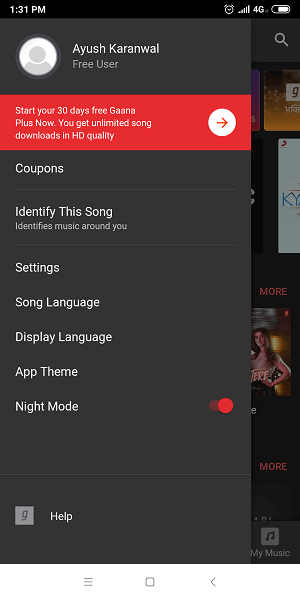 Gaana Nachtmodus