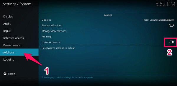 السماح بالتثبيت من مصادر غير معروفة Kodi