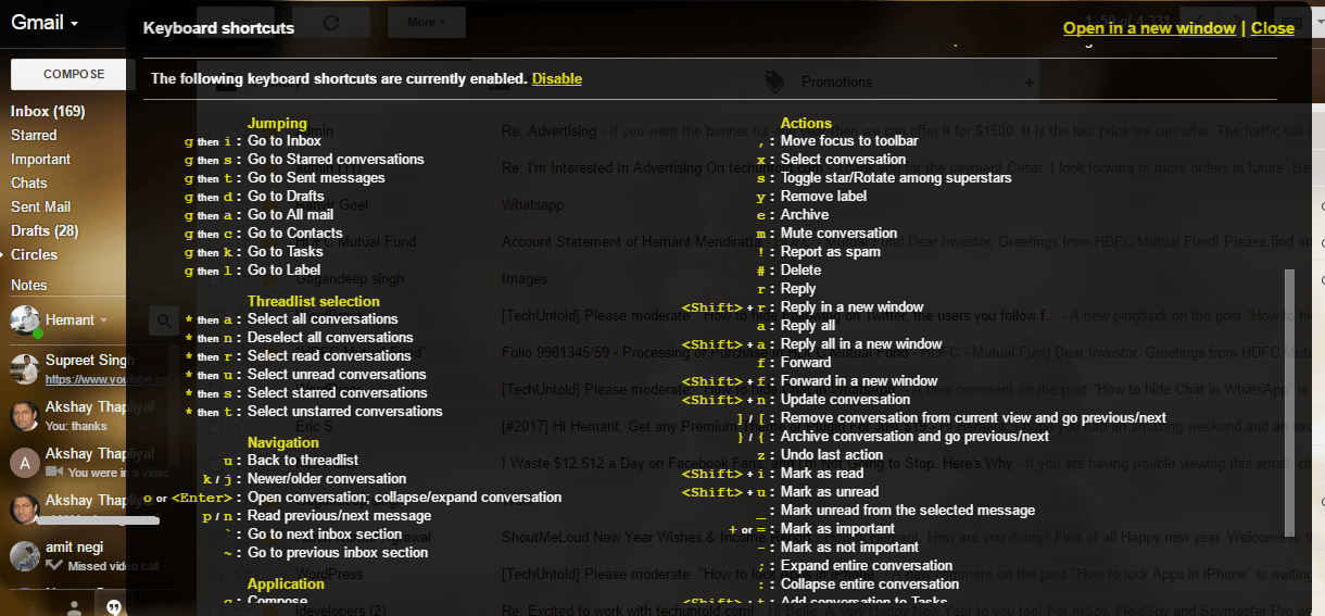 Aide sur les raccourcis clavier Gmail