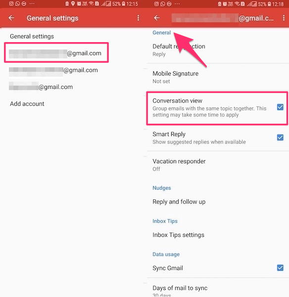 Gmail-sähköpostinäkymän asetus