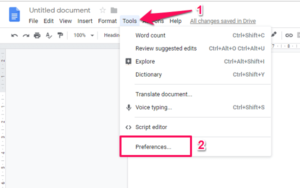 Documentos de Google: menú de preferencias