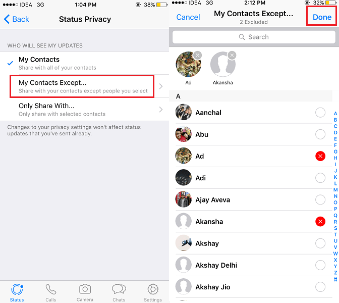 Απόκρυψη της κατάστασης WhatsApp από συγκεκριμένες επαφές