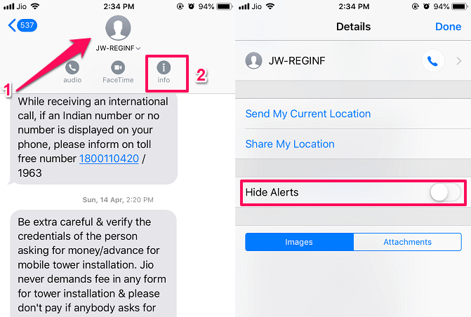 Ocultar alertas para Mensajes en iPhone