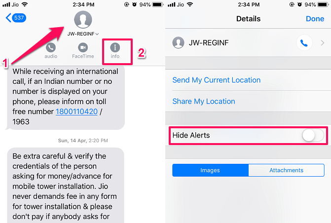 Nascondi gli avvisi per i messaggi su iPhone