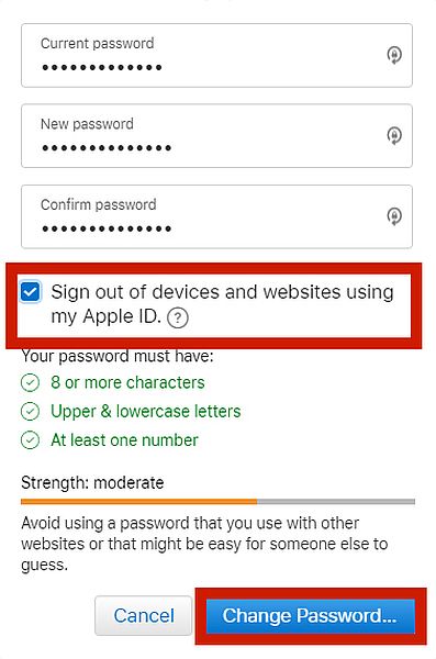 Страница смены пароля с выделенной кнопкой смены пароля