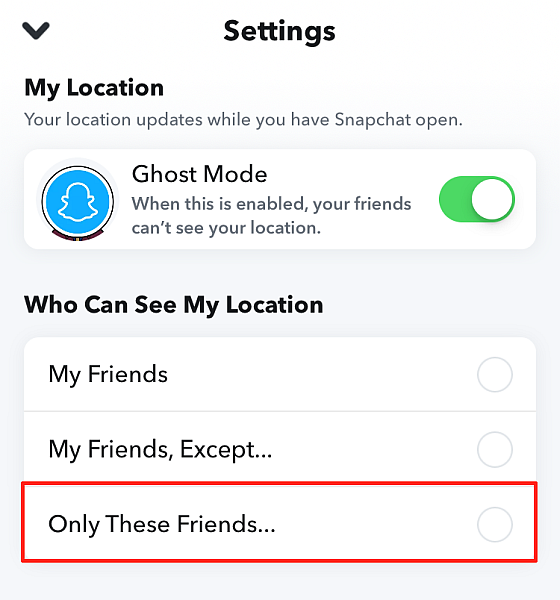 Configurações do mapa do Snapchat com apenas a opção de amigos em destaque