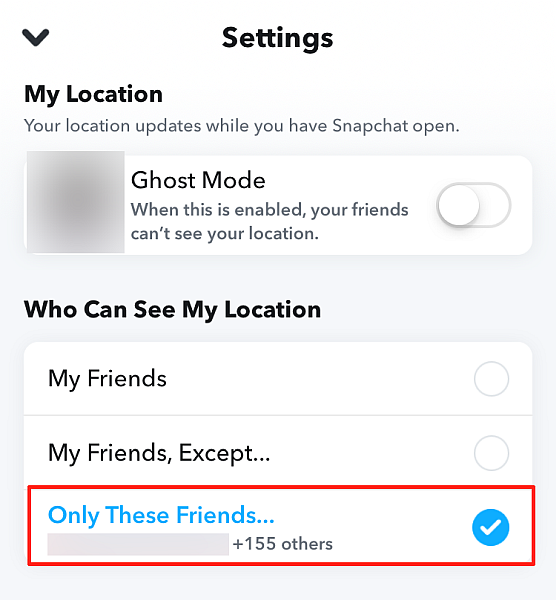 Paramètres de la carte Snapchat avec uniquement ces amis Option indiquant le nombre d