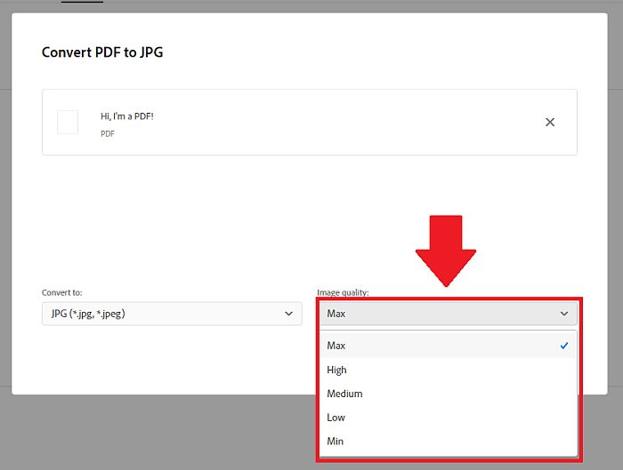 Configuración de la calidad de imagen del archivo PDF que se está convirtiendo en imagen