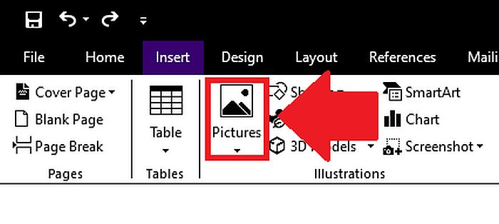 De optie Afbeeldingen kiezen in het menu Invoegen in MS Word