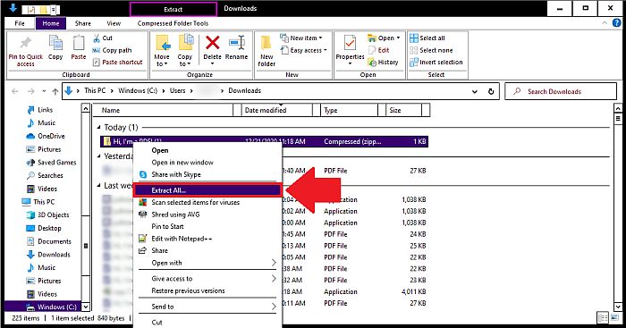Extracción de archivos del archivo Zip descargado del sitio web de Adobe Acrobat