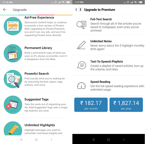 Instapaper prémium vs Pocket prémium